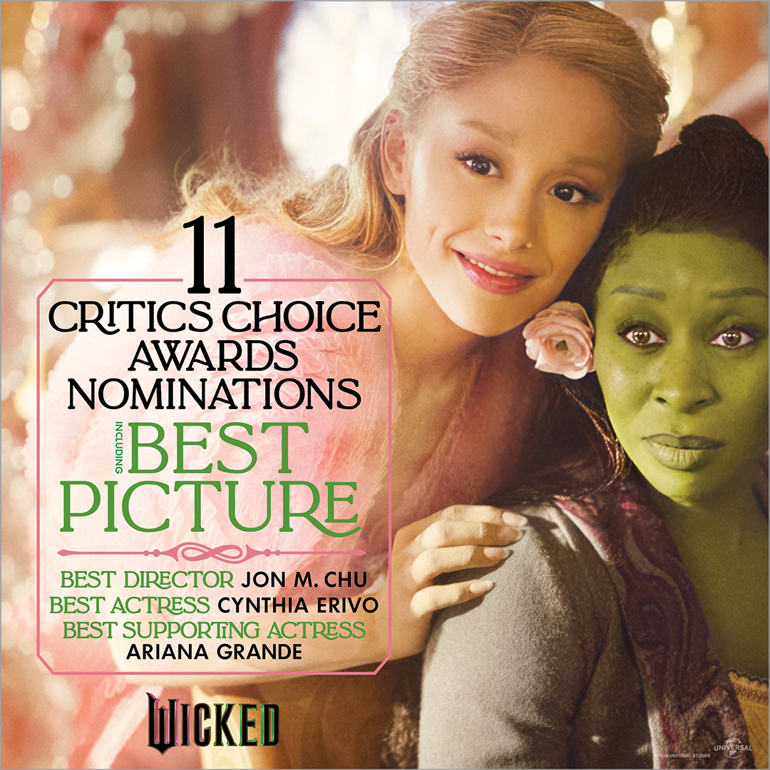 Wicked has received 11 Critics Choice Award Nominations! 💚 🩷 

Best Picture
Best Director
Best Adapted Screenplay
Best Actress
Best Supporting Actress
Best Acting Ensemble 
Best Cinematography
Best Costume Design
Best Hair &amp; Makeup
Best Production Design
Best Visual Effects