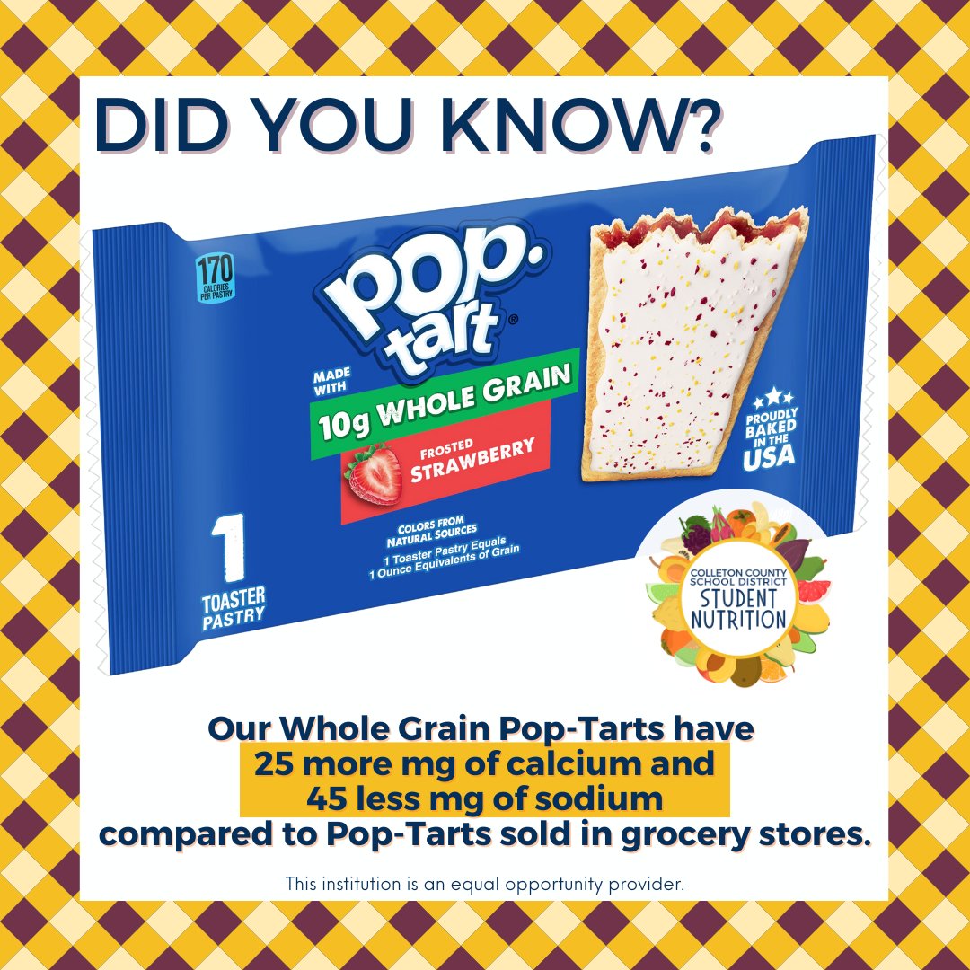 ColletonMeals's tweet photo. That's right! Our Pop Tarts from Kellogg's Away From Home are not the same as the ones you purchase in the grocery store. The flavor our students love, but a healthier version!
@ColletonSchools #Colletonsc #Colletonsouthcarolina #Colleton #scschools #Colletoncounty https://t.co/fT3wRZWEWF