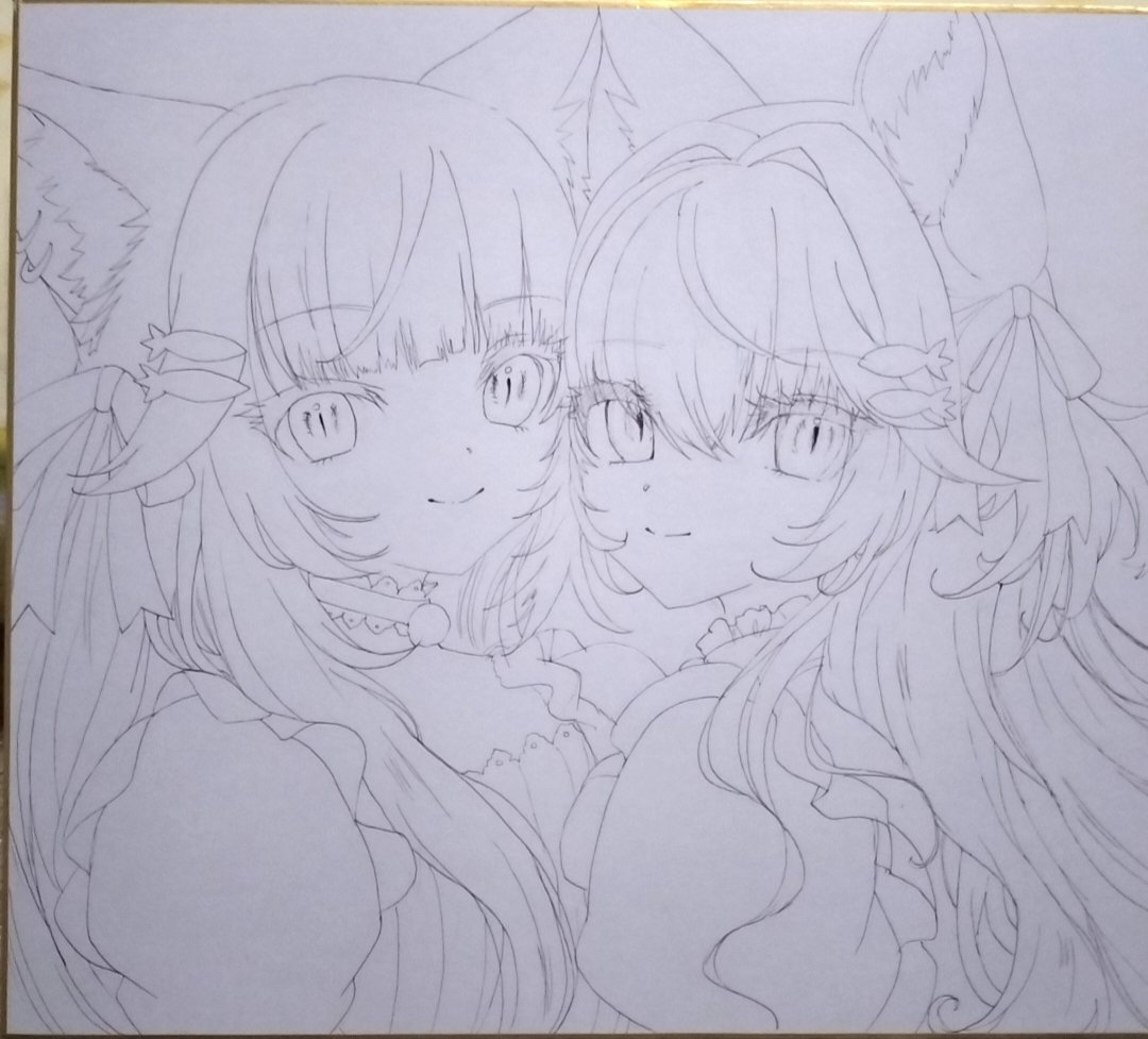 また久々になります
生きてますー！
めちゃ見にくい写真だけど、
オリジナルの猫耳ちゃんです
右が白猫、左が黒猫予定

#イラスト好きさんと繋がりたい #絵柄が好みって人にフォローされたい #フォロバ強化中 #アナログ絵