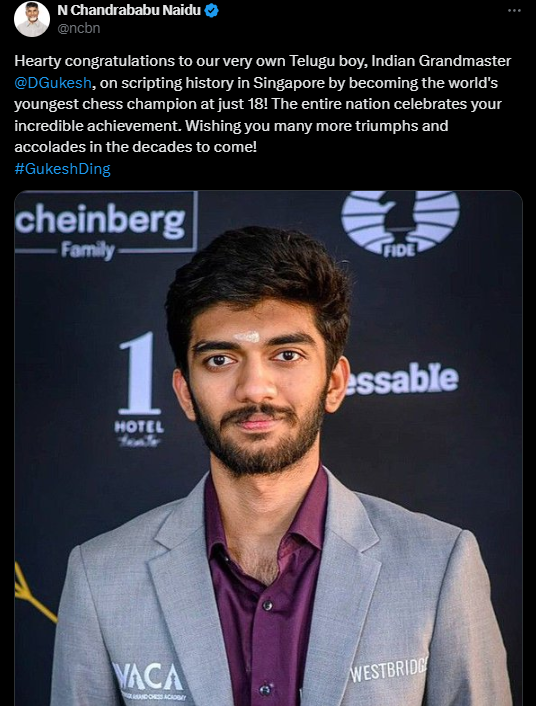 DeccanChronicle's tweet photo. Naidu and Stalin Hail Gukesh, Celebrate Telugu-Tamil Roots

AP CM N. Chandrababu Naidu and his Tamil Nadu counterpart M.K. Stalin congratulated Gukesh Dommaraju on becoming the youngest-ever World Chess Champion

Both leaders proudly featured their connection to the prodigy, with CM Naidu calling him a "Telugu boy" and Stalin reaffirming his Tamil Nadu roots

#GukeshDing #WorldChessChampionship2024 #ChessLegend #gukeshdommaraju #chessbaseindia #ChessChampionship #chesschampion #AndhraPradesh #TamilNadu #MKStalin #NCBN
