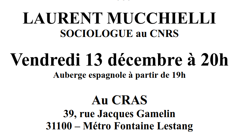 🚨 À Toulouse le C.R.A.S continue sa dérive à l'extrême droite. Après avoir invité des soraliens et une militante anti-trans au printemps, c'est Laurent Mucchielli du réseau soralien Réinfocovid qui aura demain une tribune chez eux. Il ne faut pas laisser passer ça ! 1/