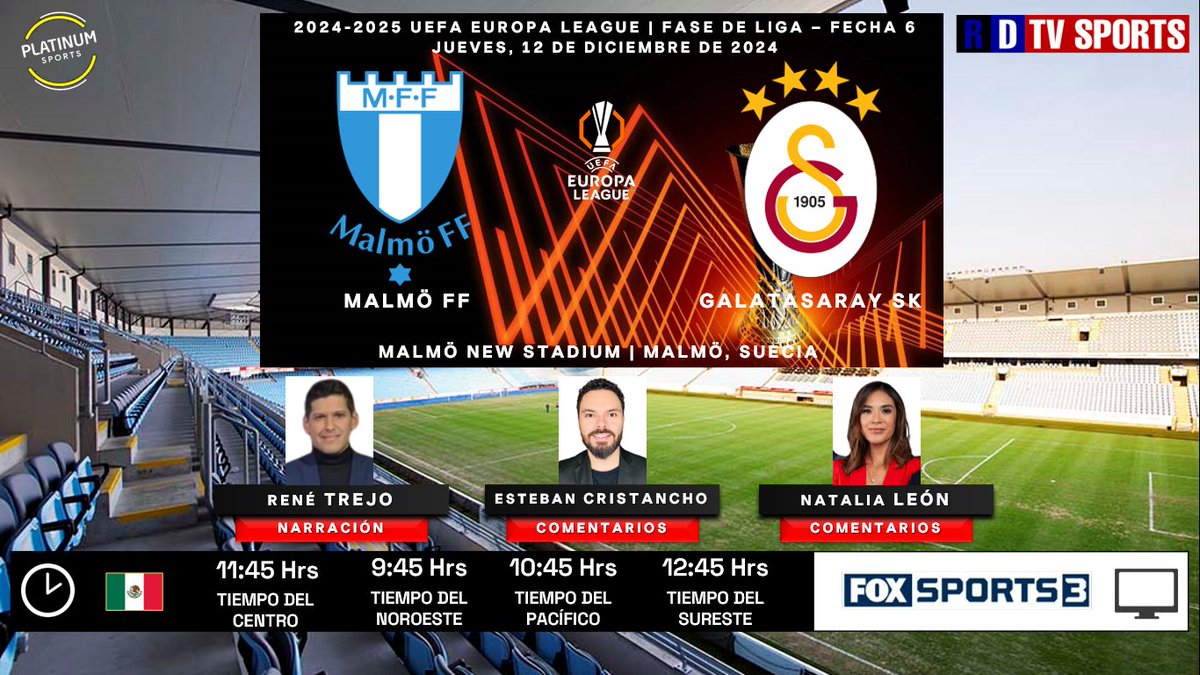 ramonovic09's tweet photo. #UEL 2024-2025 #FaseDeLiga #Fecha6 | 🇸🇪 #Malmö 🆚 #Galatasaray 🇹🇷
🗓️ Hoy
🇲🇽 ⏰ 11:45 Hrs TC, 9:45 Hrs TP
📺 @FOXSportsMX 3
🎤 @renetrejo19
🎤📝 @esteban_crismed
🎤📝 @_NataliaLeon_
🤳🏼 #UELxFSMX #MFFGAL https://t.co/7bX3v18S2I