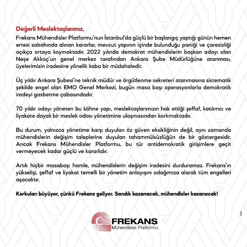 frekansmuhendis's tweet photo. KORKULARI BÜYÜK, ÇÜNKÜ FREKANS YÜKSELİYOR!

MESLEKTAŞLARIMIZIN UMUDU ve İRADESİNE YÖNELİK ANTİDEMOKRATİK MÜDAHALE ÇABALARINA İZİN VERMEYECEĞİZ!

#FrekansMühendisler #Yükseliyor #EMOAnkara #EMO #ElektrikMühendisleriOdası https://t.co/zdPq2x0Kgz