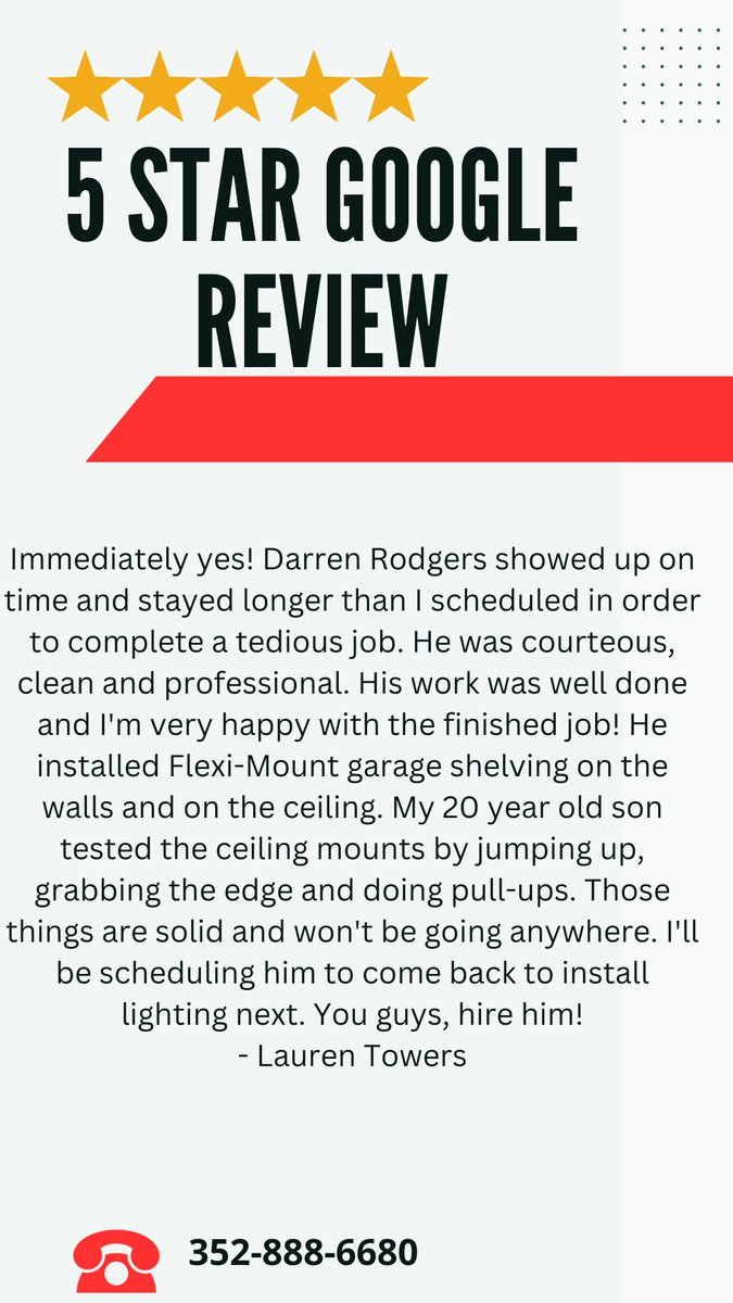 Gainesville808's tweet photo. We appreciate your 5-star Google review, Lauren! Our handymen are punctual, professional, and fully prepared to tackle any task. Contact us today for reliable home services! 🛠️ #AceHandymanServices 📱352-888-6680 https://t.co/rqJiJLcMTJ