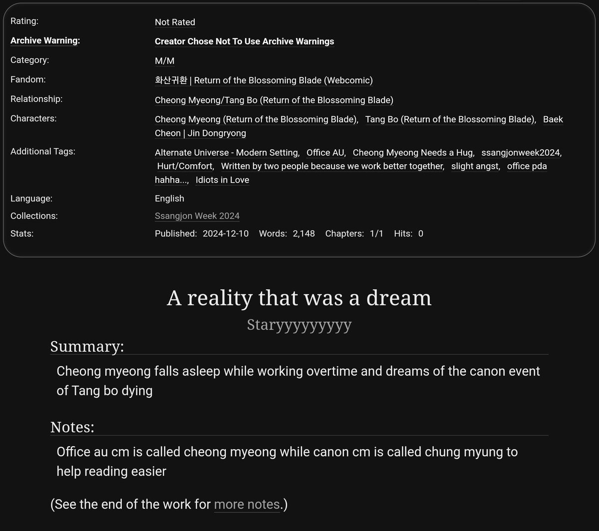 Staryyyyyeeh's tweet photo. A reality that was a dream 

✦Return of the Blossoming Blade 
✦Hurt/comfort
✦ #ssangjonweek2024
✦ Tangcheong | 당청
✦Written by both stary and uriel
✦https://t.co/UXDneX8qkb https://t.co/Gbzbdk85Kj