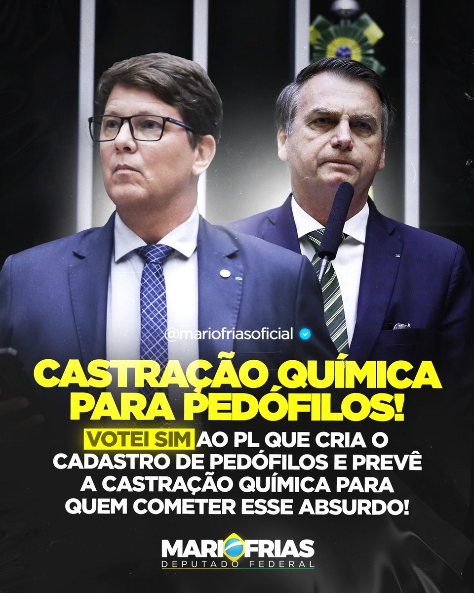 mfriasoficial's tweet photo. Aprovamos hoje a castração química para os monstros que abusam de crianças. Embora ainda seja pouco diante da crueldade que esses criminosos cometem, já é um avanço na proteção das nossas crianças. 

Essa medida reflete uma luta antiga do presidente Jair Bolsonaro, que sempre se posicionou contra esses abusadores.