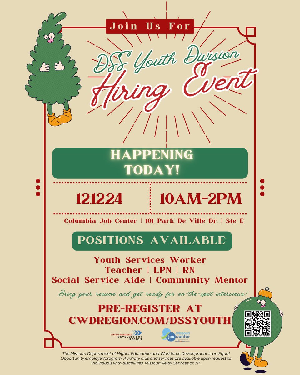 The DSS Youth Division Hiring Event is happening NOW at the Columbia Job Center! Stop by between 10 AM and 2 PM to connect with DSS and explore career opportunities. Bring your resume, meet DSS representatives, and explore meaningful career opportunities.