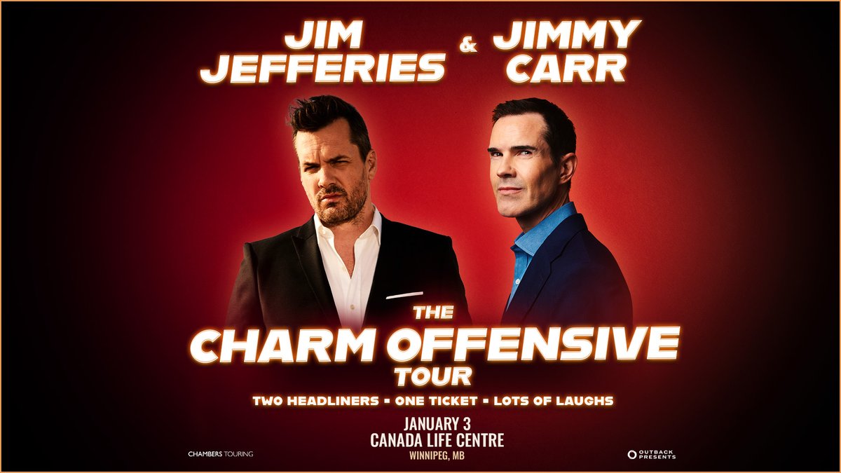 CanadaLifeCtr's tweet photo. 🚨 Great seats just released for Jim Jefferies &amp; Jimmy Carr starting at $49.75 plus fees!!
Don't miss The Charm Offensive Tour at Canada Life Centre Friday, January 3 and get your tickets now at https://t.co/hbrqNS2KX4 https://t.co/Kh6QBXwEBT