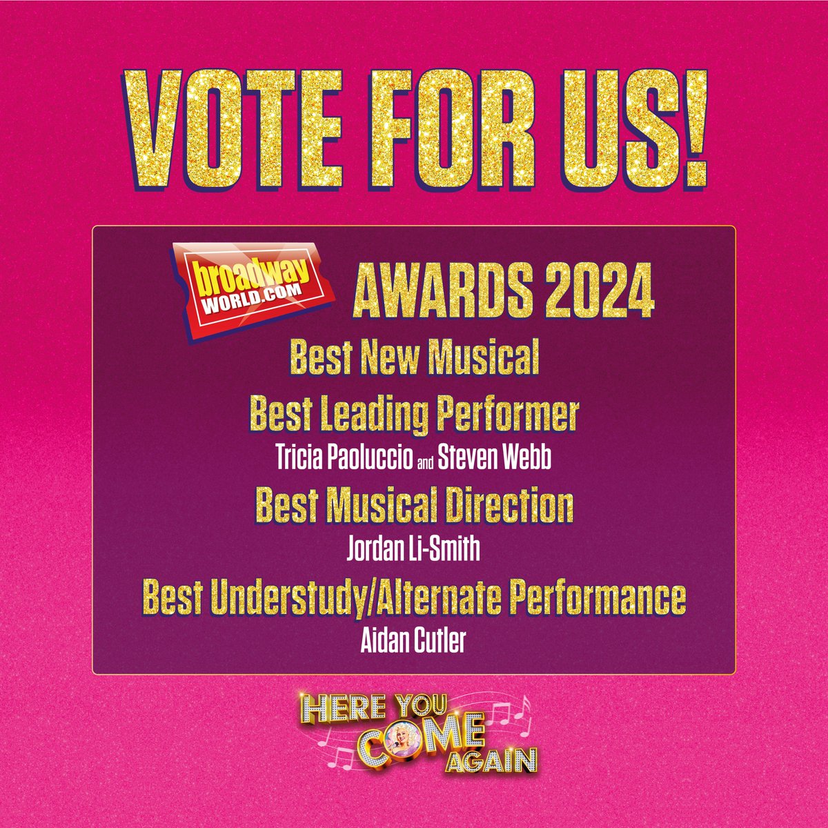 Here You Come Again - The Musical (@hycamusicaluk) on Twitter photo We are thrilled to have been nominated for 4 Broadway World Awards!✨
Thank you so much <a href="/BroadwayWorldUK/">BroadwayWorld UK</a> 💖
Vote for us here: broadwayworld.com/westend/awards… We are thrilled to have been nominated for 4 Broadway World Awards!✨
Thank you so much <a href="/BroadwayWorldUK/">BroadwayWorld UK</a> 💖
Vote for us here: broadwayworld.com/westend/awards…