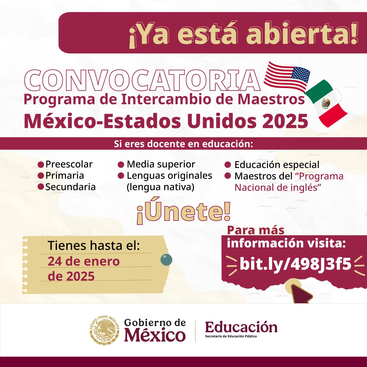 ¡Docente! Esta es la señal que necesitabas. 🤓👨🏻‍🏫

Participa en el Programa de Intercambio de Maestros México-Estados Unidos #PROBEM y obtén una estancia por un periodo de 3 a 8 semanas. 🇲🇽🇺🇸

🔗Consulta la información en: bit.ly/498J3f5