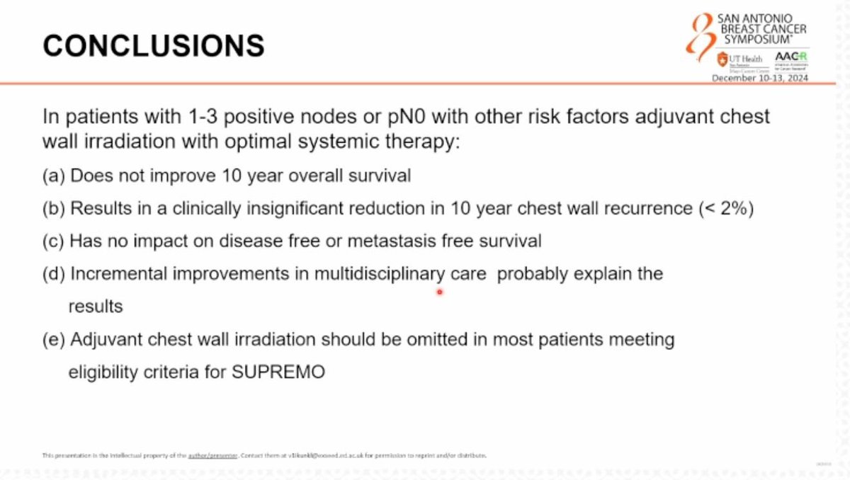 📌Does Postmastectomy Radiotherapy in 'Intermediate-Risk' Breast Cancer Impact Overall Survival? 
👉🏻10-Year Results of the BIG 2-04 MRC SUPREMO Randomized Trial: On Behalf of the SUPREMO Trial Investigators by  Prof Ian Kunkler
#SABCS24 #day3 <a href="/OncoAlert/">OncoAlert</a> #OncoAlertAF