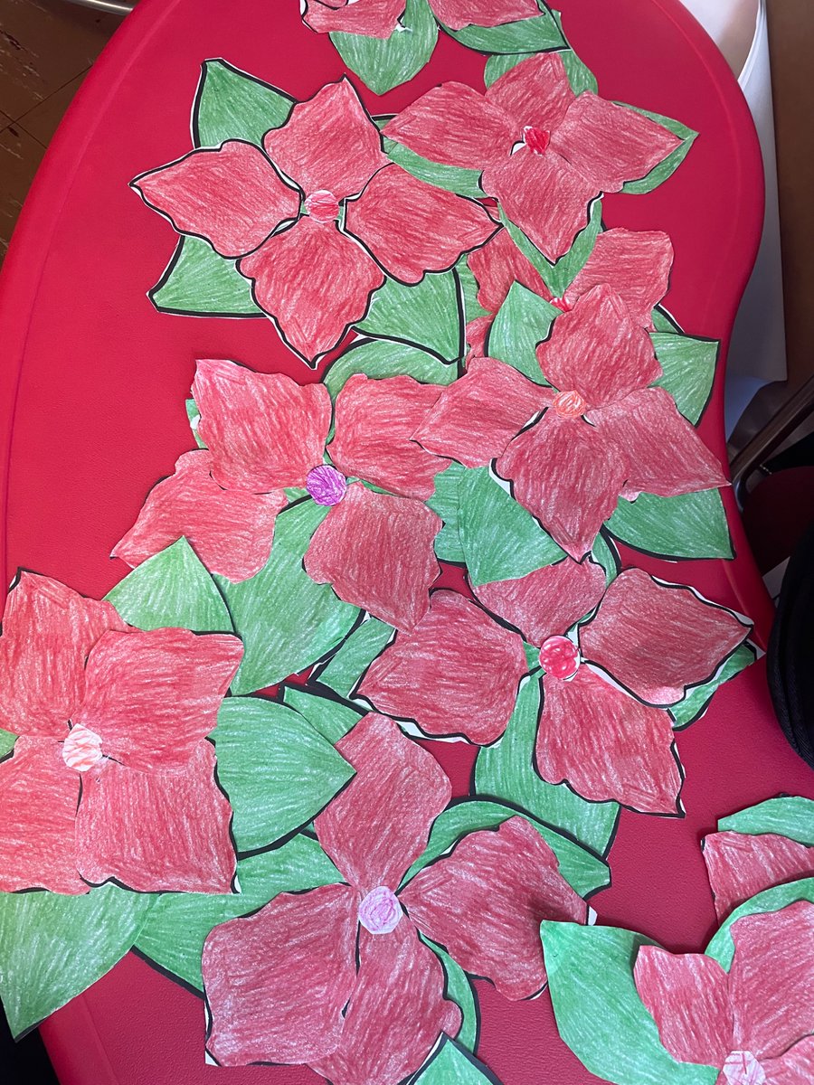 Bwatson_ics's tweet photo. First Grade listened to the story The Legend of the Poinsettia by Tomie dePaola and made their own special poinsettia craft  @icschool_online https://t.co/u6qGR78ePk