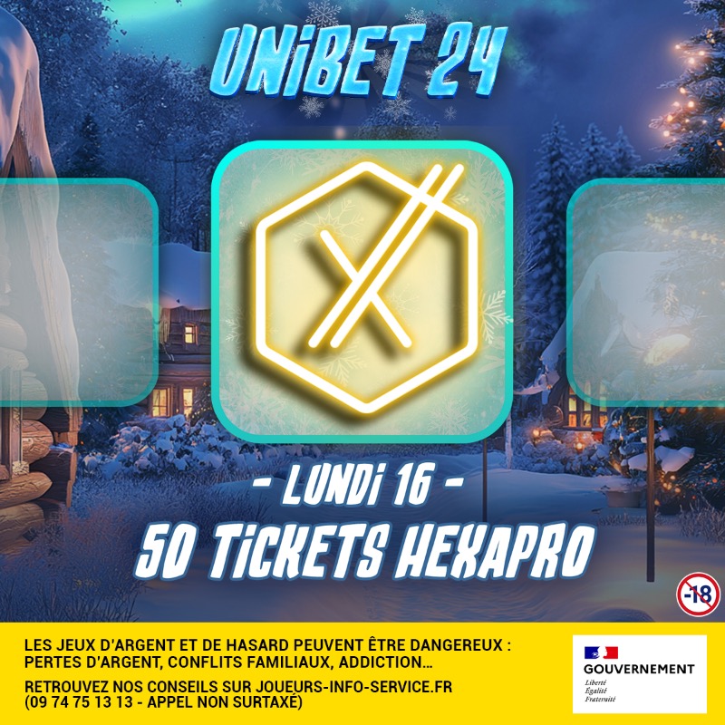 UnibetFrance's tweet photo. 🎄 𝗖𝗔𝗦𝗘 𝟭𝟲 - 𝗨𝗡𝗜𝗕𝗘𝗧 𝟮𝟰 ❄

50 tickets Hexapro de 10€ à gagner sur notre compte Insta 📲