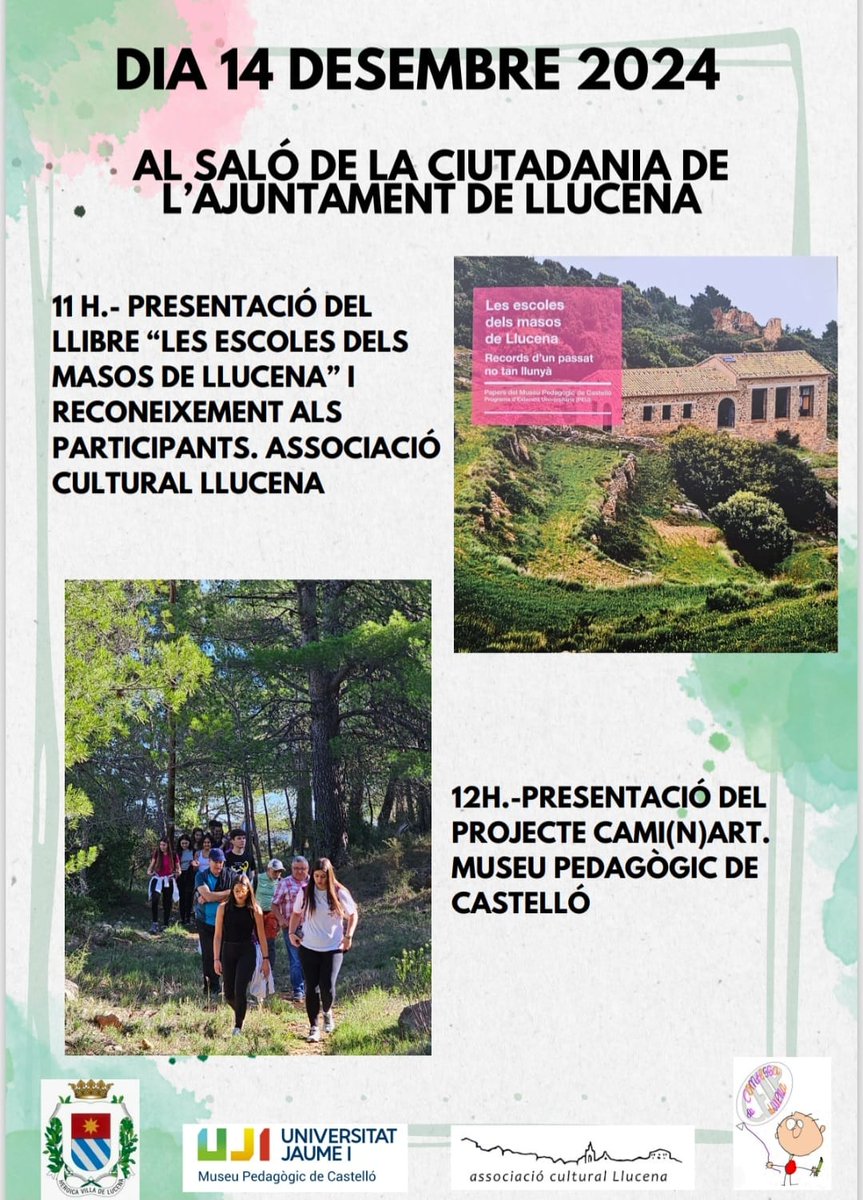 Dues accions del Museu Pedagògic de Castelló, projecte <a href="/peuuji/">PEU UJI</a>, es presentaran aquest dissabte a Llucena: el llibre 'Les escoles de masos de Llucena' i el projecte <a href="/ujiencultura/">ujiencultura</a> 'Cami(n)Art'. Una acte per a retornar a la gent de Llucena la seua participació en les iniciatives.