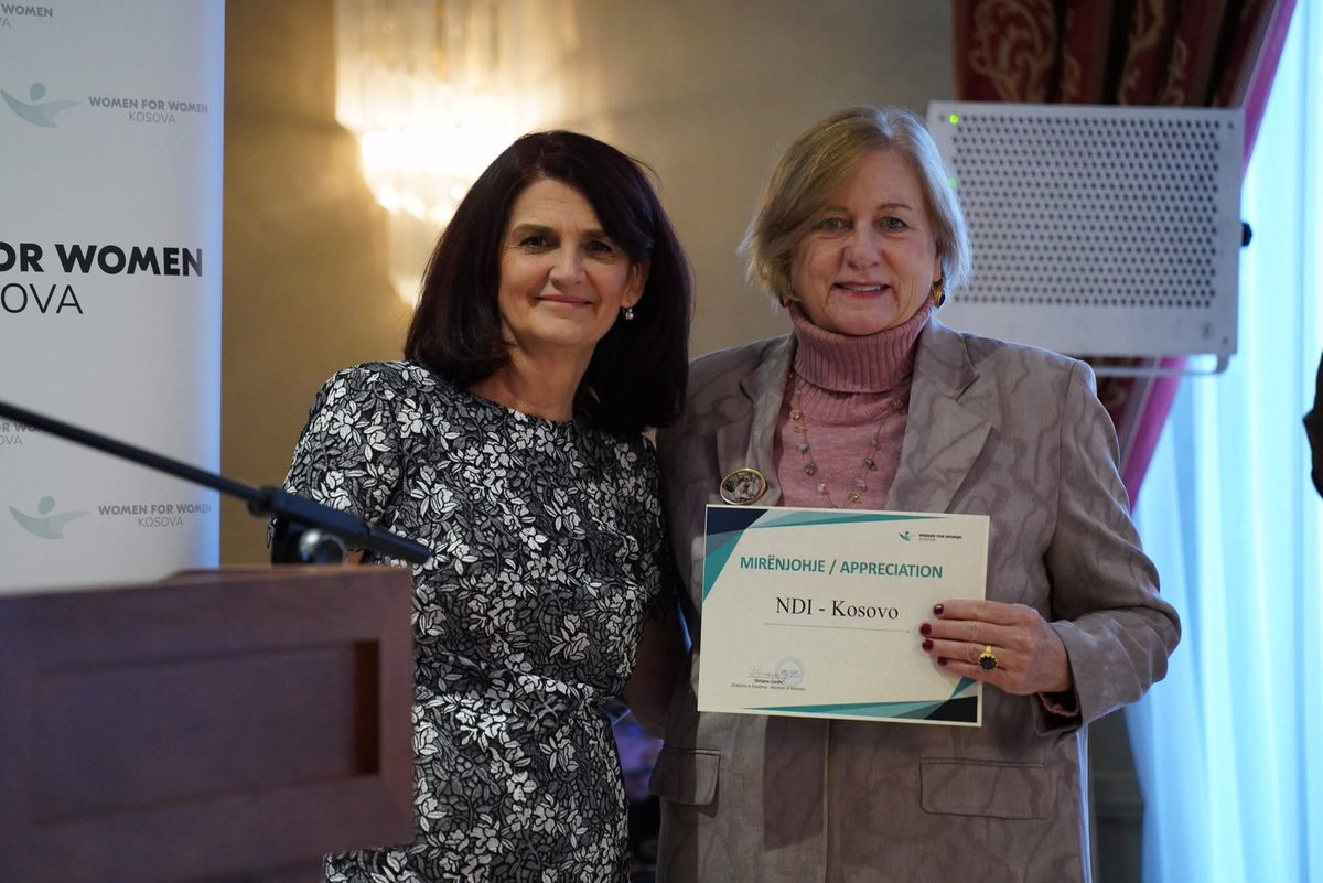Nancy Soderberg (@nancysoderberg) on Twitter photo Honored to accept a certificate of recognition on behalf of <a href="/NDIKosovo/">NDI Kosovo</a> from <a href="/KosovaW4W/">Kosova-Women 4 Women</a> at their 'A Legacy of Change' event, celebrating 25 years of empowering Kosovo women. Proud of #NDIKosovo's partnership in advancing women's leadership and economic inclusion in #Kosovo. Honored to accept a certificate of recognition on behalf of <a href="/NDIKosovo/">NDI Kosovo</a> from <a href="/KosovaW4W/">Kosova-Women 4 Women</a> at their 'A Legacy of Change' event, celebrating 25 years of empowering Kosovo women. Proud of #NDIKosovo's partnership in advancing women's leadership and economic inclusion in #Kosovo.