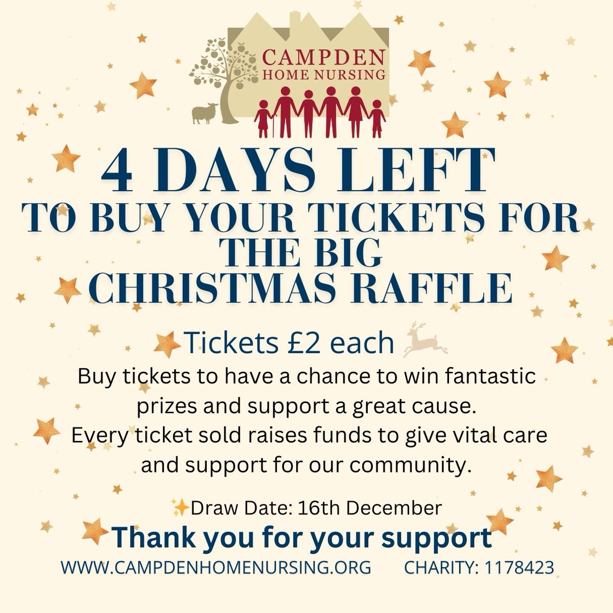 ⏳Only 4 days left to enter our Big Christmas Raffle! 
Prizes worth £2,000.   
Buy tickets online now bit.ly/49DKhP
Or visit our Charity Shop (High St) or Jecca’s House (Aston Rd) in Chipping Campden. 
Every ticket funds vital community care.  

#SupportLocalCharity