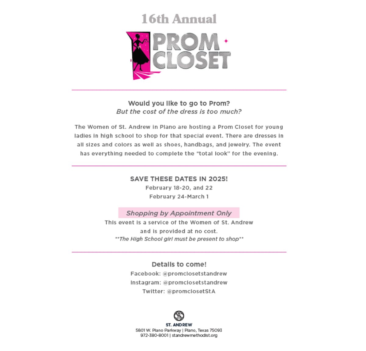 🎉 High schoolers, do you need a prom dress but worry about the cost? The 16th Annual Prom Closet by Women of St. Andrew has you covered! 💃 Free dresses, shoes, handbags &amp; more! 🗓️ Feb 18-20 &amp; 22, Feb 24-Mar 1 (by appointment). Follow @promclosetstandrew for updates!