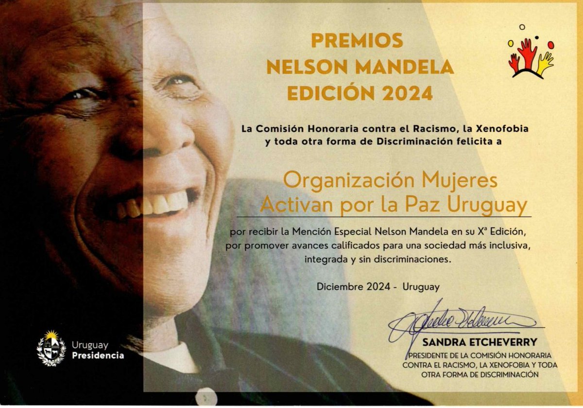 Felicitamos al colectivo Mujeres Activan por la Paz Uruguay que fue galardonado en el día de ayer con una mención especial del Premio Mandela que entrega la Comisión Honoraria contra el Racismo, la Xenofobia y toda otra forma de discriminación de la <a href="/SDHuruguay/">Secretaría de DDHH Uruguay</a>