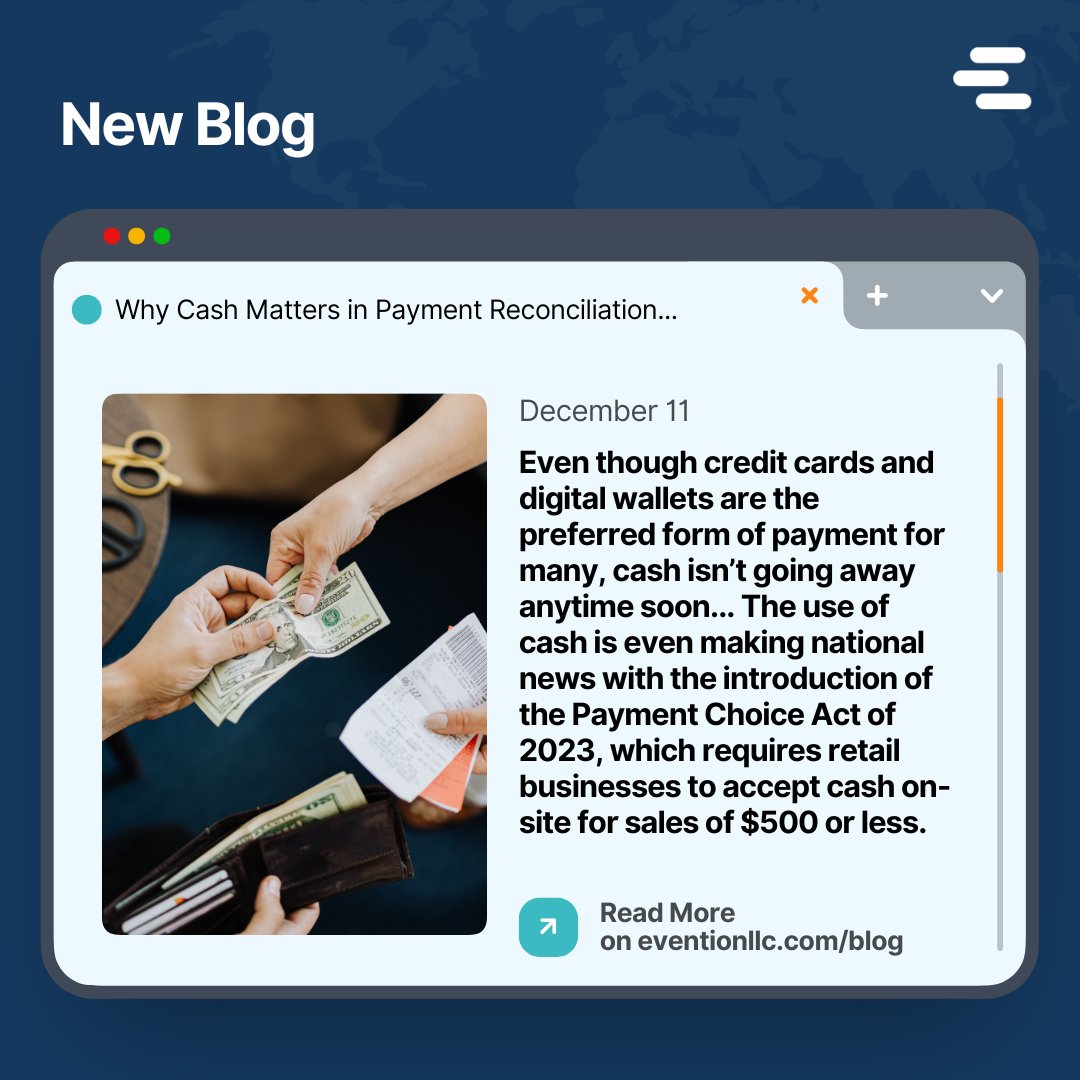 EventionLLC's tweet photo. In the digital age, it’s tempting to think cash is on its way out. Here we dive into why it matters and how to address headaches associated with the reconciliation process. Check it out here: https://t.co/QAQ85OTulc

#cashautomation #paymentreconciliation #accounting https://t.co/EypCfPaXTb