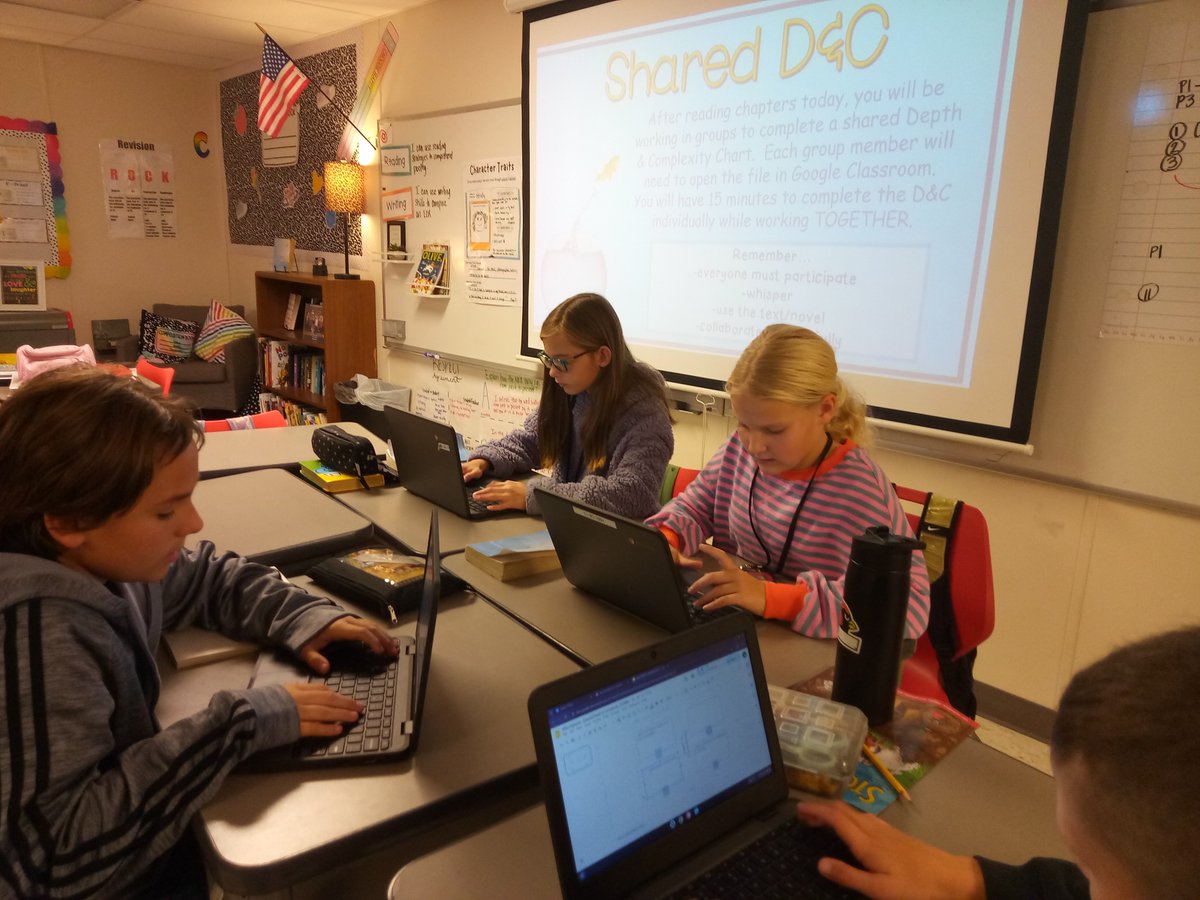 sgstapel's tweet photo. After reading our novel study today, we collaborated in groups to complete Shared Depth &amp; Complexity Charts! #HMEproud #Read2Grow https://t.co/nVrF1dHDtE