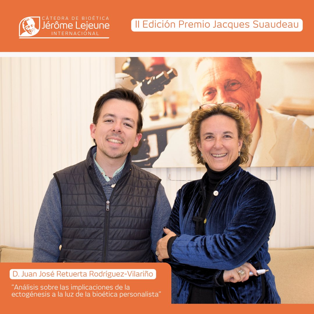CatedraLejeune's tweet photo. 🎉 ¡Enhorabuena a D. Juan José Retuerta Rodríguez-Vilariño! Ganador de la II Edición del Premio Jacques Suaudeau por su brillante trabajo: "Análisis sobre las implicaciones de la ectogénesis a la luz de la bioética personalista".
 #Bioética #PremioJacquesSuaudeau https://t.co/eJKzgWZkm8