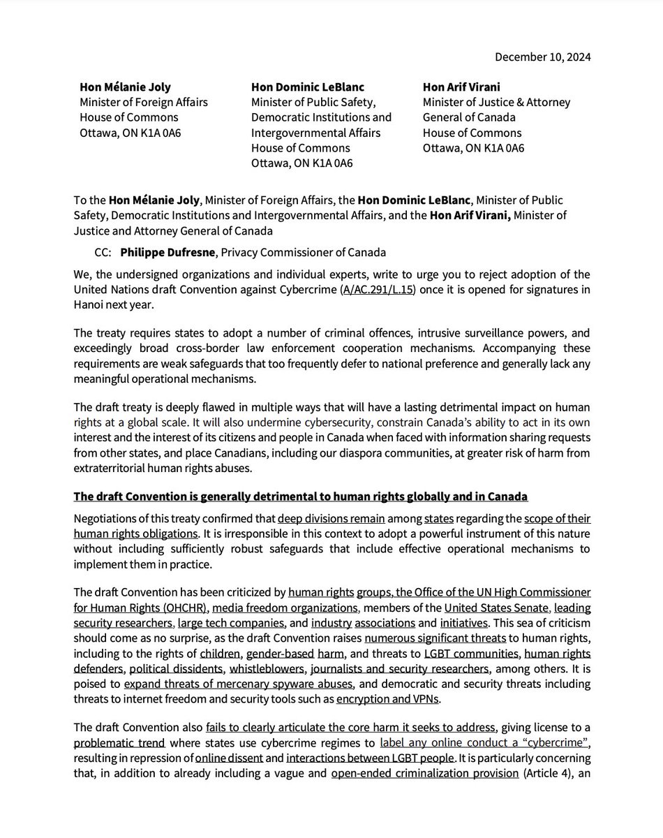 The Citizen Lab (@citizenlab) on Twitter photo In an open letter to <a href="/melaniejoly/">Mélanie Joly</a>, <a href="/DLeBlancNB/">Dominic LeBlanc</a> & <a href="/viraniarif/">Arif Virani</a>, NGOs and individual experts, including Citizen Lab’s <a href="/RonDeibert/">profdeibert</a>, <a href="/nouraaljizawi/">🅽oura 🅰ljizawi</a>, <a href="/jon_penney/">Jon Penney</a>, and <a href="/KateRobertson_/">Kate Robertson</a>, urge Canada to reject adoption of the UN’s draft Convention against Cybercrime.
Read the letter on In an open letter to <a href="/melaniejoly/">Mélanie Joly</a>, <a href="/DLeBlancNB/">Dominic LeBlanc</a> & <a href="/viraniarif/">Arif Virani</a>, NGOs and individual experts, including Citizen Lab’s <a href="/RonDeibert/">profdeibert</a>, <a href="/nouraaljizawi/">🅽oura 🅰ljizawi</a>, <a href="/jon_penney/">Jon Penney</a>, and <a href="/KateRobertson_/">Kate Robertson</a>, urge Canada to reject adoption of the UN’s draft Convention against Cybercrime.
Read the letter on