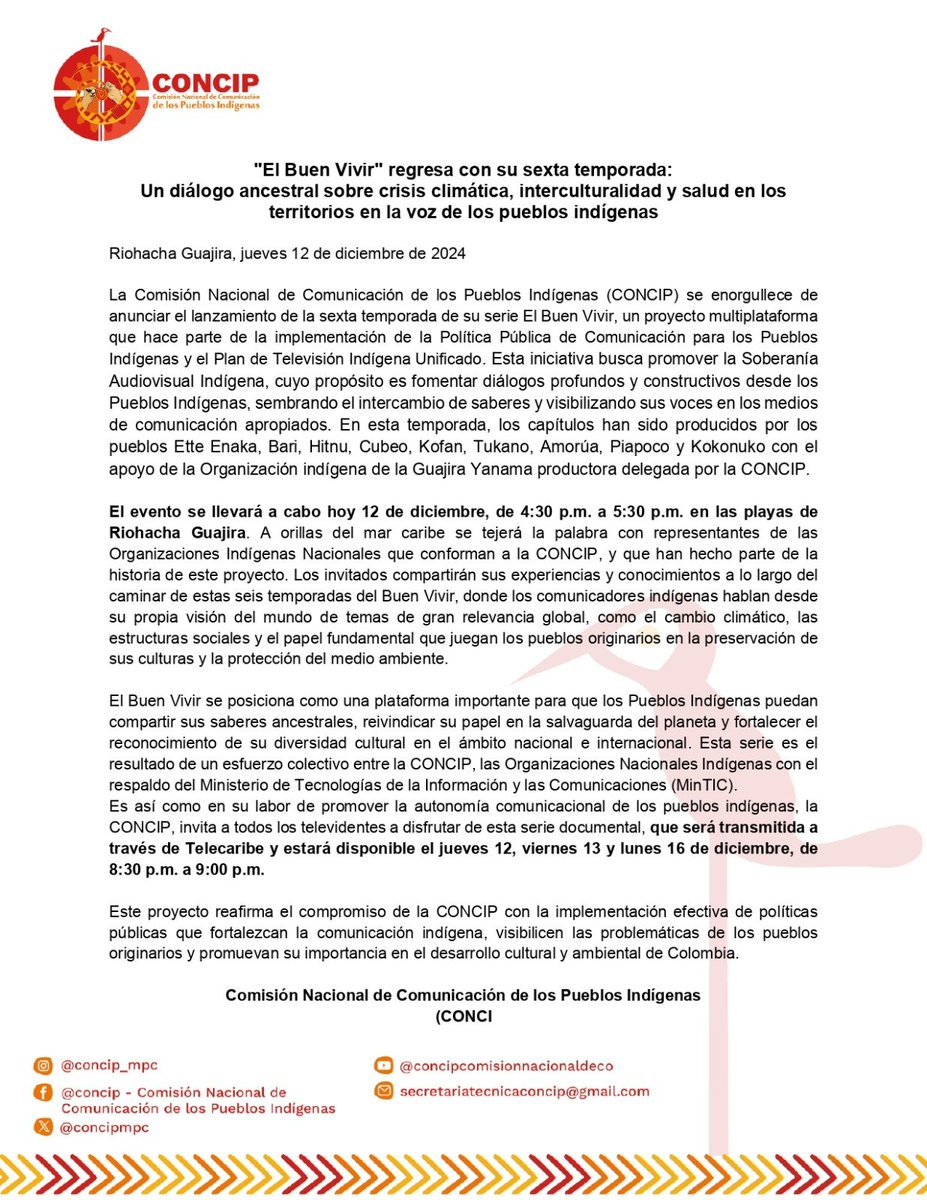 🗣️🍃#SomosCONCIP 
Hoy, de 4:30 p.m. a 5:30 p.m., te invitamos a disfrutar del estreno de la sexta temporada de nuestra serie "El Buen Vivir", en un lugar mágico: las playas de Riohacha, La Guajira.

 📺Transmisión en vivo: <a href="/CanalTelecaribe/">Canal Telecaribe</a> 

📲 #ElBuenVivir #SomosReExistencia