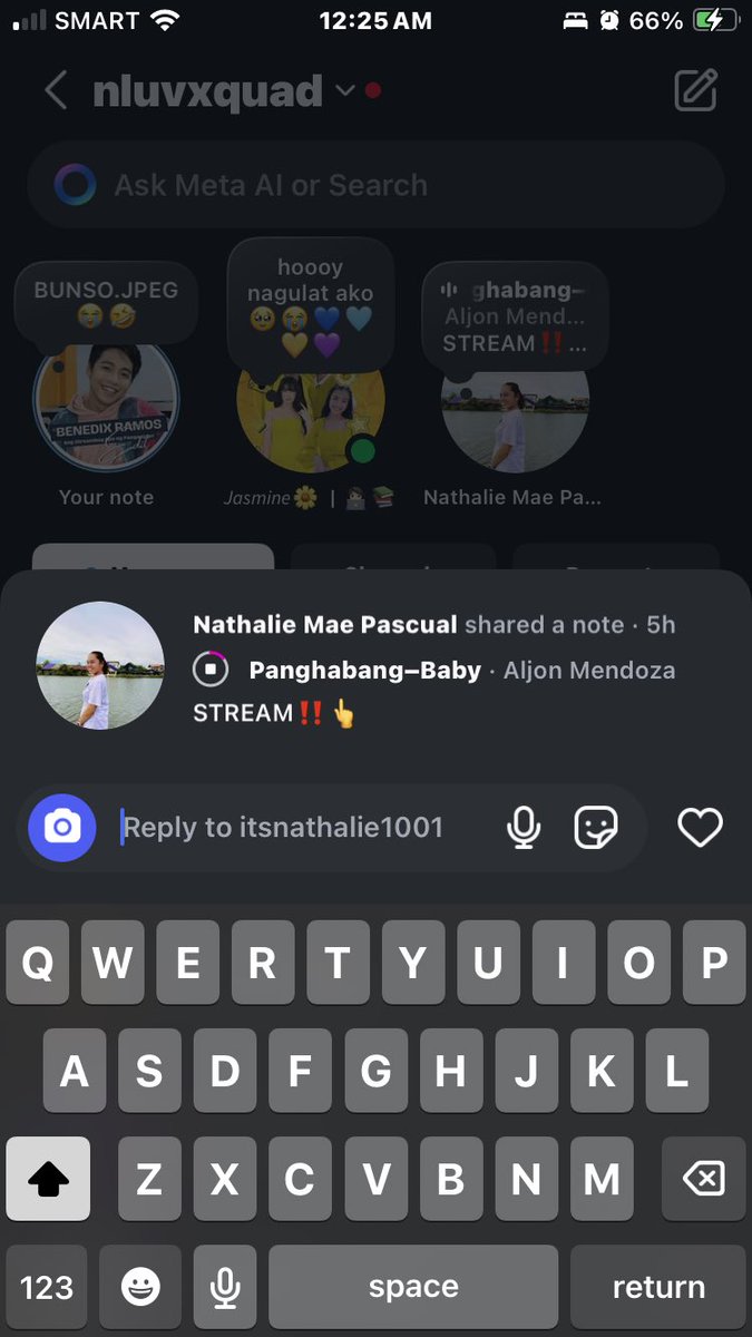itsnathalie1001's tweet photo. Ang sabi sa notes ko sa IG! Stream niyo na daw ang PANGHABANG BABY ni @AljonMendoza_ 💙 Di ba, @CharmersOFC ? 🥹

#AljonMendoza https://t.co/o2gEvCo7OM