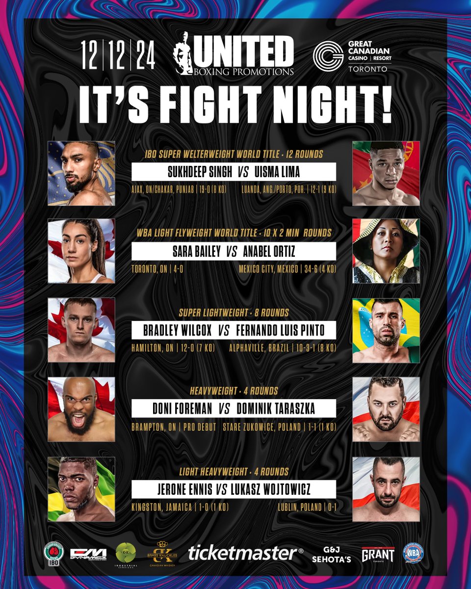 TONIGHT IN TORONTO 🌎🏆 

#SinghLima #BaileyOrtiz World Championships, legacies and debuts all on tap at <a href="/GreatCanadianTO/">Great Canadian Toronto</a>.

🎟️ ticketmaster.ca/united-boxing-…