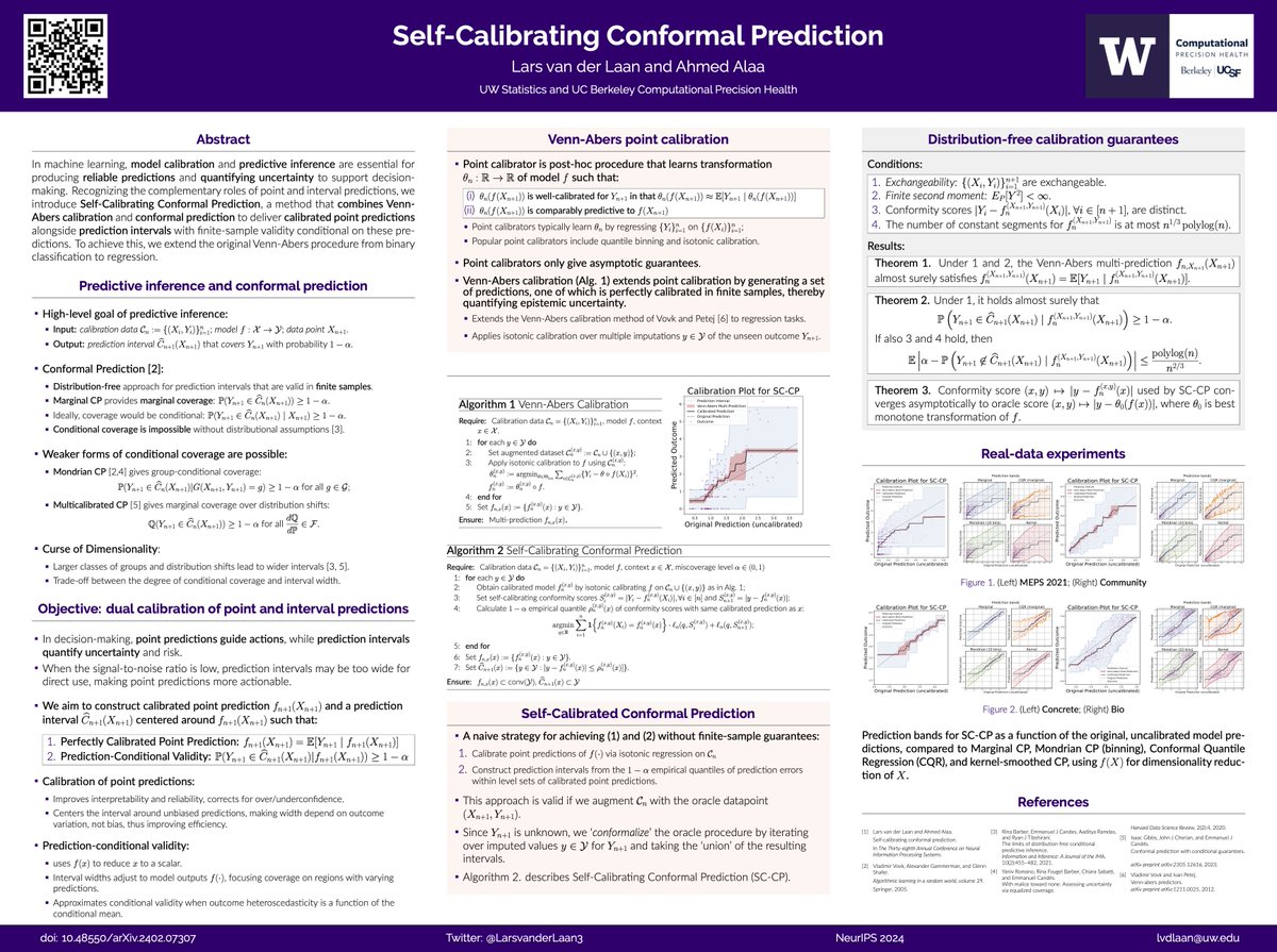 Excited to present "Self-Calibrating Conformal Prediction" at #NeurIPS2024 this afternoon! Join me at the poster session to learn how combining model calibration with predictive inference gives calibrated point predictions and conditionally valid prediction intervals. #conformal