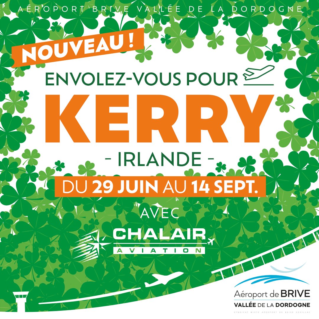 FlyingBrive's tweet image. 📢 NOUVEAU : Cap sur l'IRLANDE en 2025 au départ de Brive 🇮🇪 !
✈  Vols directs vers KERRY du 29 juin au 14 septembre tous les dimanches avec la compagnie CHALAIR 
@ChalairA @KerryAirport 
👉🏻 Les billets seront en vente très prochainement !