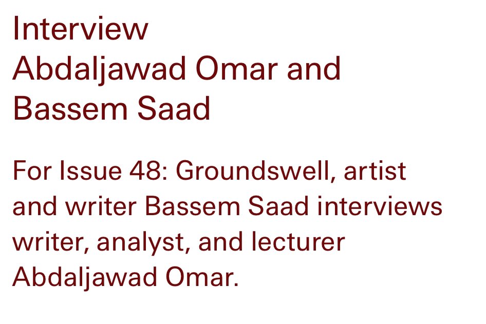 Basyma 𓂆 (@basyyyma) on Twitter photo last month, I had the great pleasure of interviewing <a href="/HHamayel2/">Abboud Hamayel (Abdaljawad Omar)</a>, asking how might our thought and praxis continue responding to the event of October 7, despite the ongoing bloodshed and carving up of the region by empire. Thank you to <a href="/runwayjournal/">Runway Journal</a>!
new.runway.org.au/issues/issue-4… last month, I had the great pleasure of interviewing <a href="/HHamayel2/">Abboud Hamayel (Abdaljawad Omar)</a>, asking how might our thought and praxis continue responding to the event of October 7, despite the ongoing bloodshed and carving up of the region by empire. Thank you to <a href="/runwayjournal/">Runway Journal</a>!
new.runway.org.au/issues/issue-4…
