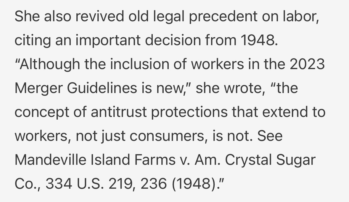 Significant victory for labor #antitrust as Judge Adrienne Nelson issued a preliminary injunction blocking the $24 billion merger of grocery giants Kroger and Albertsons, in a win for the FTC. The judge mentions the inclusion of workers in the 2023 Merger Guidelines, an issue I