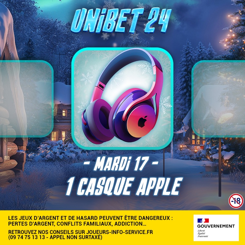Unibet France 🔞 (@unibetfrance) on Twitter photo 🎄 𝗖𝗔𝗦𝗘 𝟭𝟳 - 𝗨𝗡𝗜𝗕𝗘𝗧 𝟮𝟰 ❄
On offre 1 casque Apple pour écouter tes meilleurs sons 🎧
🍀 RT + Follow <a href="/UnibetFrance/">Unibet France 🔞</a> + #Unibet24 pour participer 🎄 𝗖𝗔𝗦𝗘 𝟭𝟳 - 𝗨𝗡𝗜𝗕𝗘𝗧 𝟮𝟰 ❄
On offre 1 casque Apple pour écouter tes meilleurs sons 🎧
🍀 RT + Follow <a href="/UnibetFrance/">Unibet France 🔞</a> + #Unibet24 pour participer
