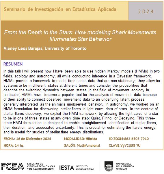 Seminario de Investigación en Estadística Aplicada: "From the Depth to the Stars: How modeling Shark Movements Illuminates Star Behavior" a cargo Vianey Leos Barajas (Department of Statistical Sciences/School of the Environment - University of Toronto). lnkd.in/gvNTwY-7