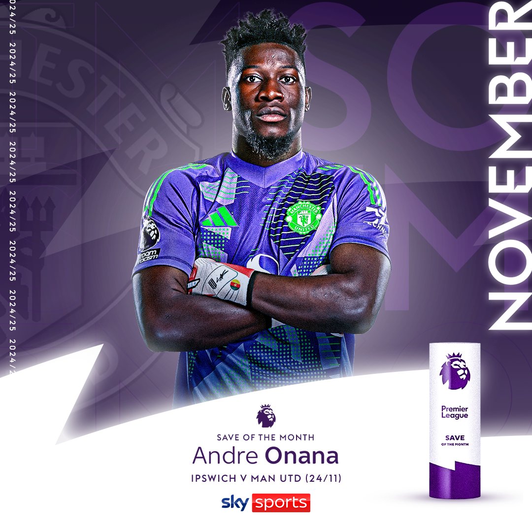 SkySportsPL's tweet image. BREAKING: Andre Onana wins the Premier League Save of the Month for November against Ipswich! 🧤