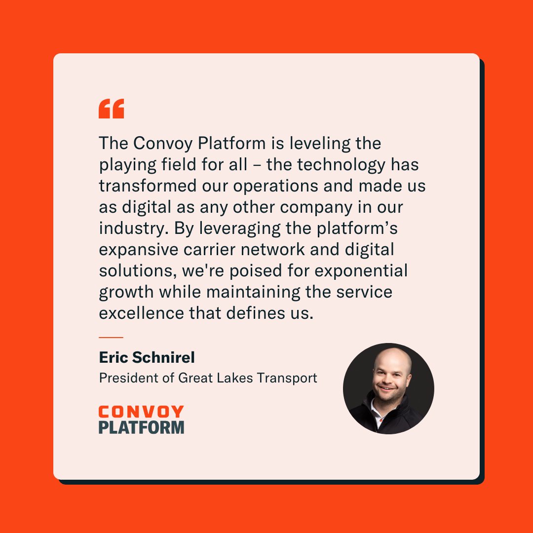 convoyplatform's tweet image. When it comes to impact, @GreatLakesTS puts it best:
"The Convoy Platform is leveling the playing field for all – the technology has transformed our operations and made us as digital as any other company in our industry."

Ready to elevate your brokerage? convoy.com/broker-sign-up…