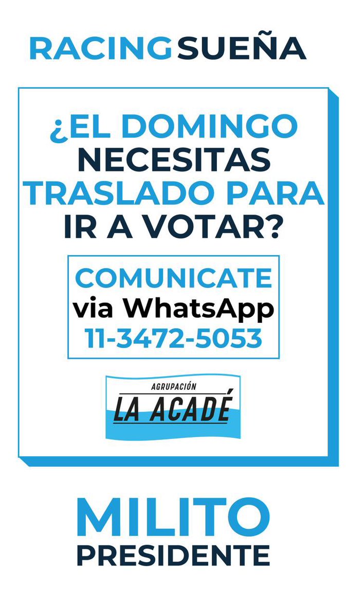 El domingo necesitamos que vengas a votar para que el Racing que soñamos se empiece a hacer realidad. Contáctate por WhatsApp al 11-3472-5053 si necesitas transporte #RacingSueña #MilitoPresidente