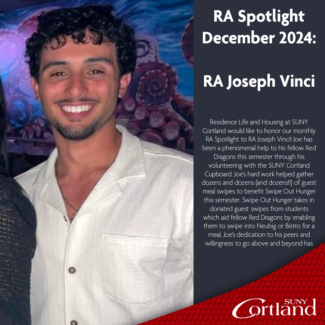 CortlandResLife's tweet photo. Residence Life and Housing at SUNY Cortland would like to honor our monthly RA Spotlight to RA Joseph Vinci! https://t.co/4GgIGPemea