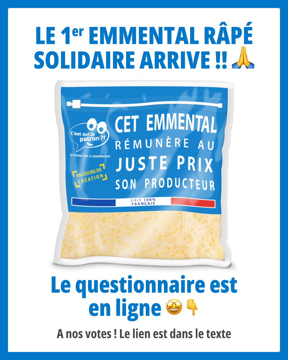 C_qui_le_Patron's tweet photo. Le produit le plus demandé depuis longtemps arrive enfin : nous créons tous ensemble le 1ER emmental solidaire !!🧀🙌🤩 #SoutienAuxProducteurs

Pour voter 👉 https://t.co/wsogRPCize

C’est le fromage LE PLUS consommé en France, et ¼ de l’emmental que nous mangeons n’est PAS français ! Alors que les producteurs de lait sont en grande difficulté, c'est donc un soutien massif qui leur passe sous le nez ! Et côté consommateur, nous n’avons aucune transparence sur ce produit tant aimé : mode de production ? qualité du lait ? rémunération des producteurs ? Impossible de savoir ! 🤯

Voter cet emmental collectivement a donc beaucoup de sens et va permettre d’augmenter considérablement le soutien aux producteurs 🙌C’est parti pour créer un nouveau produit solidaire tous ensemble 🤩Merci à tous pour vos votes !

📅 Clôture des votes en mars