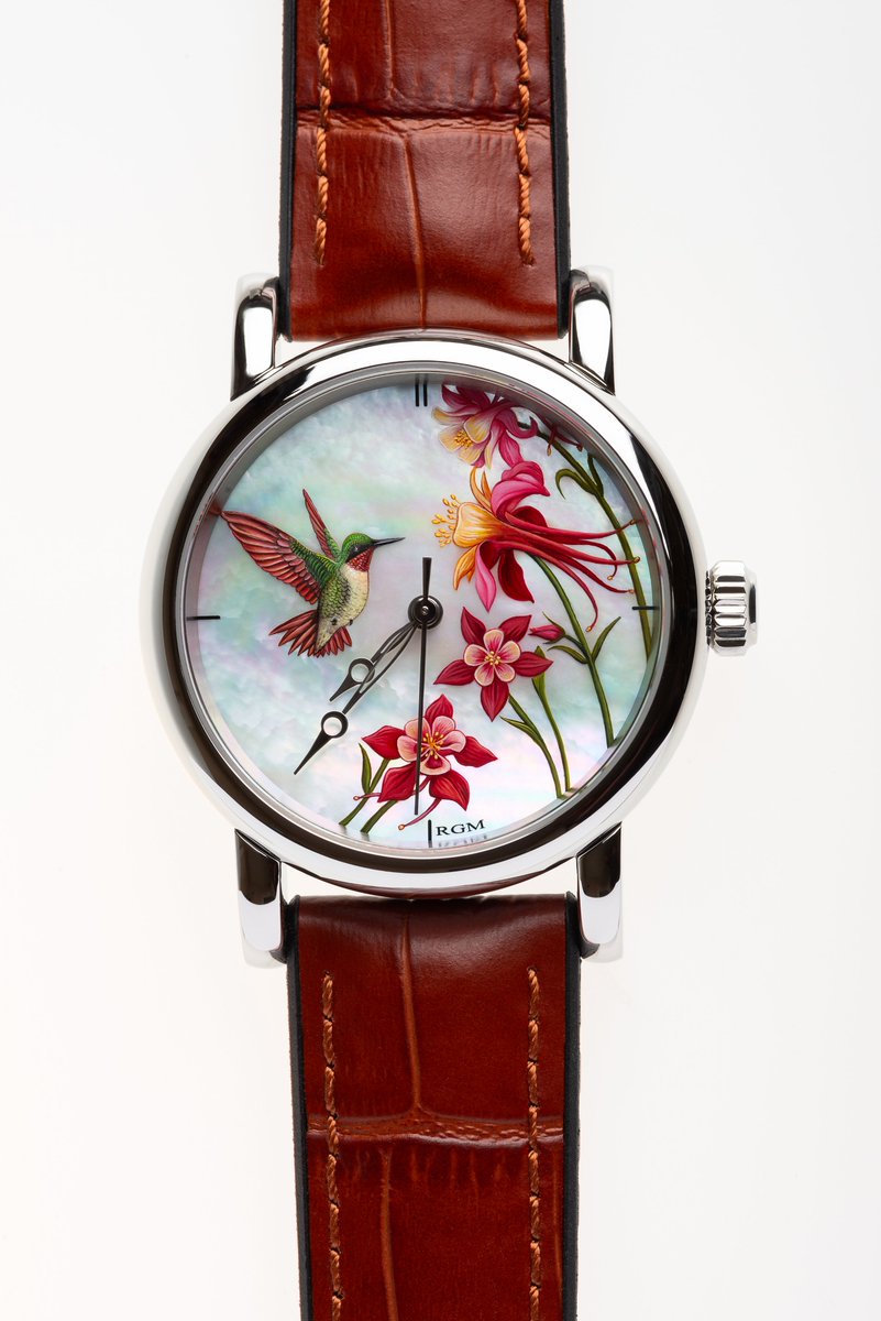 RGMWatchCompany's tweet photo. RGM Model 207 with hand-painted Mother-of-Pearl dial. Painted under a microscope.  

#rgmwatchco #rgmwatches #rgmwatch #watch #watches #wristwatch #wristwatches #watchmaking #watchmaker #independentwatchmaking
#motherofpearldial #handpainteddial #bespokewatch #customwatch https://t.co/RtvH7B0ts0