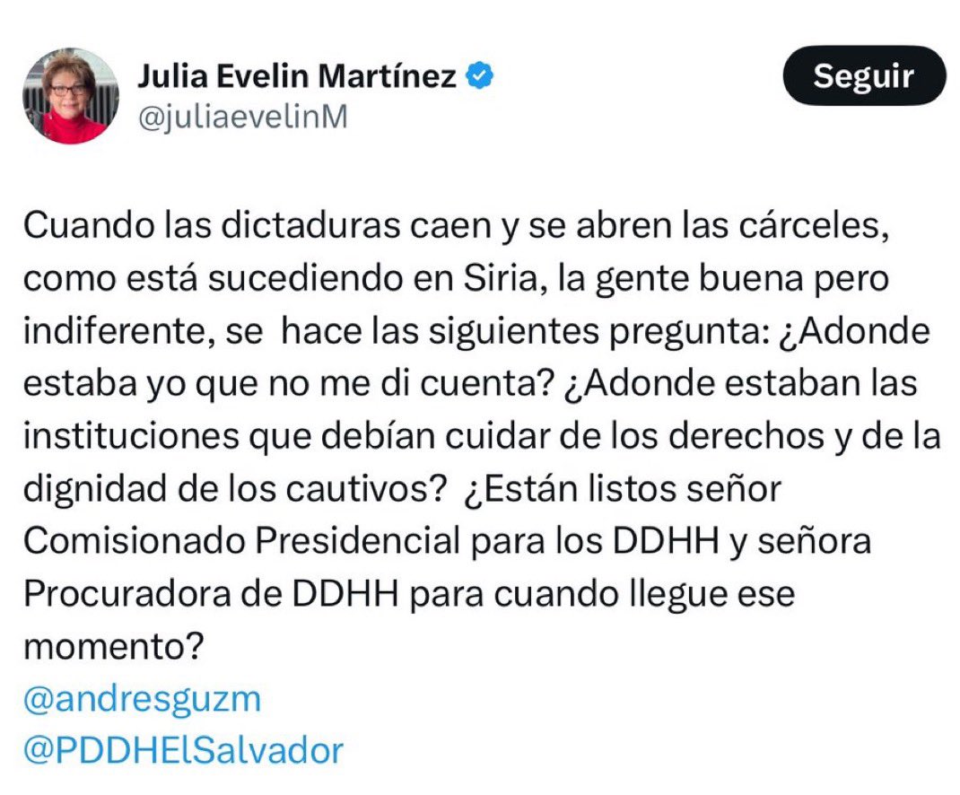 La agenda de la pupu-sición,  esta más que clara, ellos a toda costa, quieren liberar a los criminales, y todo por que!? Por que se lucran dd la muerte de los Salvadoreños, de la gente honesta y honradamente, pero eso, NO SE LE CUMPLIRÁ a 
Éste vejestorio @juliaevelinM