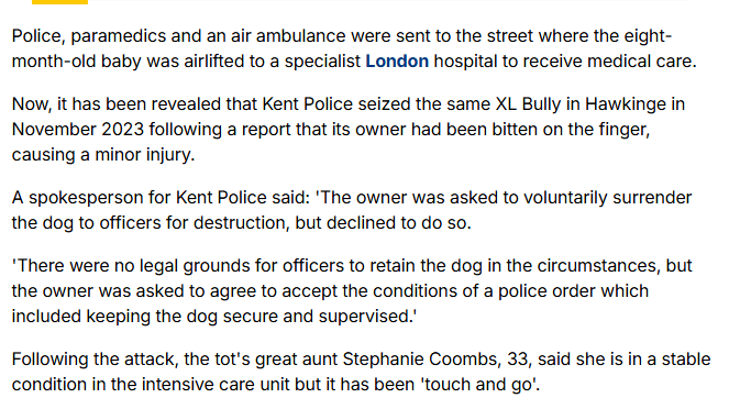 Baby currently fighting for its life after being attacked by  her family's 18 month old Bully XL. Police tried last year to get the owner to voluntarily surrender the dog and placed strict conditions on the owner when they refused.