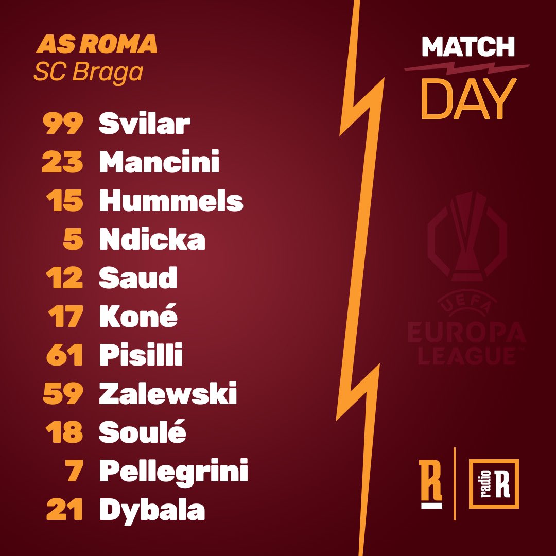 radio_romanista's tweet photo. 🟨 𝐒𝐓𝐀𝐑𝐓𝐈𝐍𝐆 𝐗𝐈 🟥

🐺 FORZA ROMA! 

#ASRoma | #RomaBraga https://t.co/K469bNEDCI