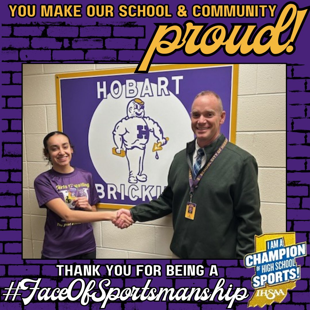AthleticsHobart's tweet photo. Congratulations to Brickie wrestler Roxy Dominguez for earning an IHSAA sportsmanship pin. An IHSAA Official recognized Roxy for showing exemplary sportsmanship, grace, and humility to an opponent after winning a hard-fought match. Thank you for #BEOP and for making us proud! https://t.co/HtxCvij5Ky