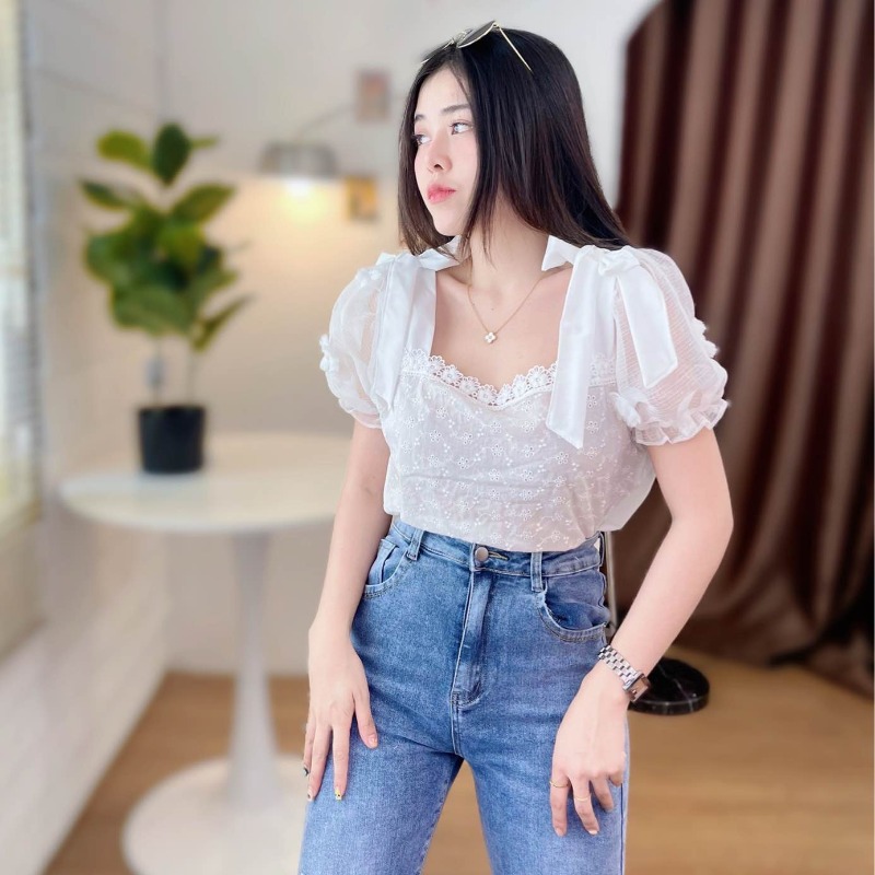 Shareit29's tweet photo. เสื้อผ้าทีซี แต่งฉลุข้างหน้าแขนตุ๊กตา  ผูกไหล่