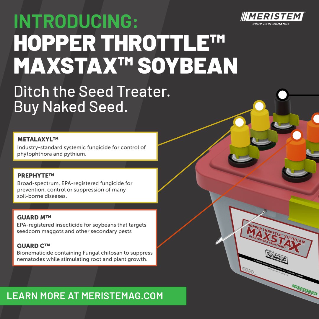 MeristemAg's tweet photo. Introducing... HOPPER THROTTLE™ MAXSTAX™ Soybean —a game-changing solution for soybean growers!

Ditch the Seed Treater. Buy Naked Seed, Take Cost Out and Make It Pay. Learn more about HOPPER THROTTLE™ MAXSTAX™ at https://t.co/rtbluE39tq https://t.co/KeRe82Ylqx