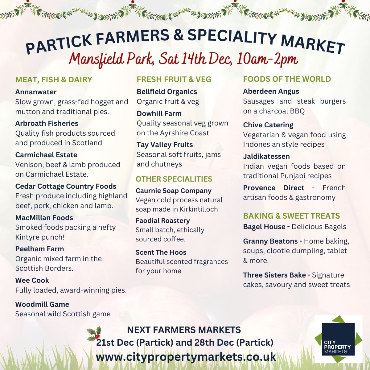 We're back in Partick on Saturday - find these traders at Mansfield Park from 10am-2pm 🎄
citypropertymarkets.co.uk/markets/farmer…
#CityPropertyMarkets #GlasgowMarkets #Glasgow #FarmersMarkets #GlasgowFarmersMarkets #GlasgowWestEnd #Partick #ShopLocal #WhatsOnGlasgow