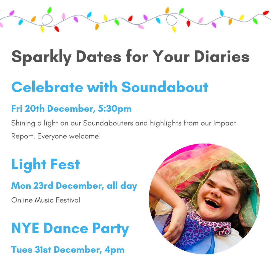 Join us at one of our online sparkly events this month! There's something for everyone, whether you're a Soundabout supporter, family member, or just fancy a bit of feel-good musical fun during the festive period ✨ All tickets can be found at soundabout.org.uk/help/fundraise…