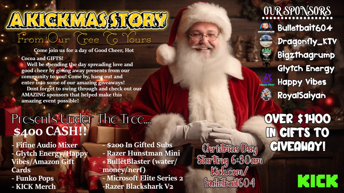 bulletbait604's tweet photo. Thank you to all of our sponsors so far for their donations to the VERY FIRST "A KICKMAS Story" Christmas Giveaway!  

We have over $1400 in prizes and CLIMBING! 

If you would like to put a gift under the tree please DM me and well get you on the list!   

SOOO Excited to give back to the very communities that made our stream dreams reality! We are forever grateful!   

HAPPY HOLIDAYS FAM <3

@Dragonfly_Ktv 
@bigzthagrump 
@RoyalSaiya420 
@Happyvibesllc 
@GLYTCHEnergy